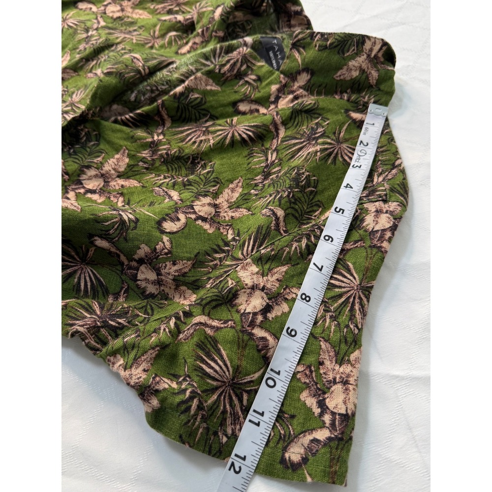 Tahari 100% Linen Green Botanical Print Top Women M Cropped Boxy Button Front - Picture 8 of 8